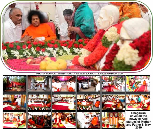 Upon reaching the Samadhi Mandir at 1647 hrs., Bhagawan unveiled the newly carved statues of Mother and Father by pulling the ribbon string, thus sanctifying the same.