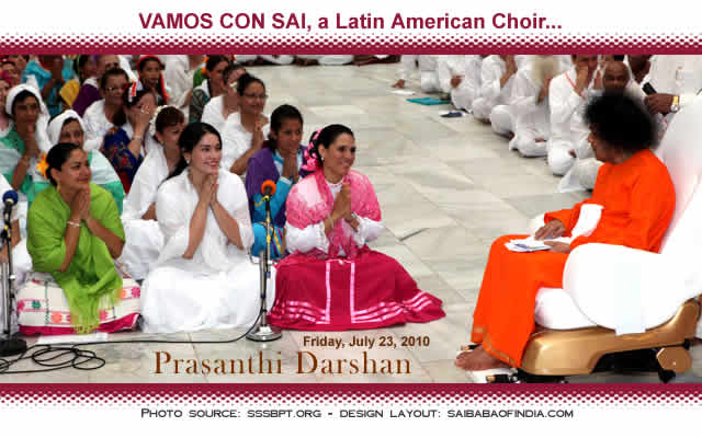 The programme for the evening was entitled VAMOS CON SAI, a Latin American Choir with twelve participating countries, that included Argentina, Brazil, Mexico, El Salvador, Columbia, Equador, Haiti, Uruguay etc. Starting with three Omkars followed by Ganesh Prarthana, the Choristers soon switched over to Latin American tongue singing an array of songs in various 'regional' languages.