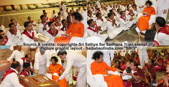 Bhagawan arrived at the auditorium just after 1900 hrs. and was welcomed with Poornakumbham and Vedam chanting.